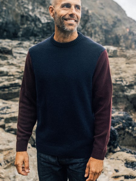 Navy/Dark Burgundy Columba Colourblock Knit Jumper Finisterre