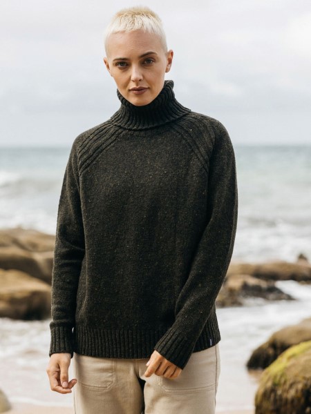 Farne Roll Neck Knit Jumper Finisterre Dark Olive