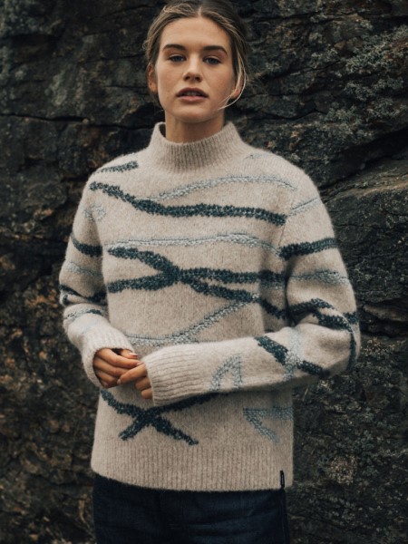 Wave Stitch Jumper Oatmeal/Blue Finisterre