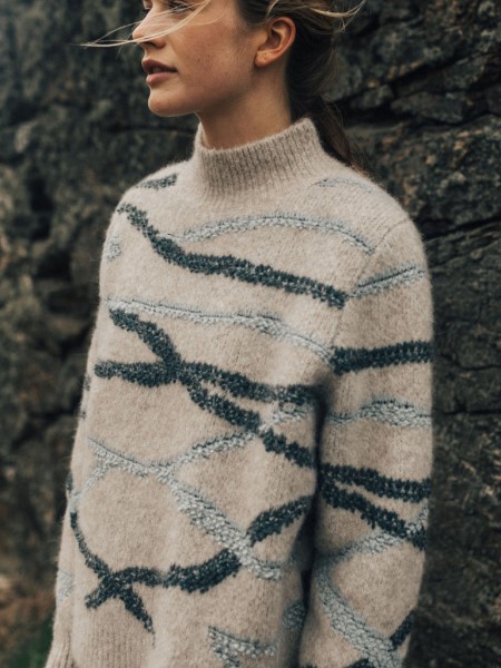 Wave Stitch Jumper Oatmeal/Blue Finisterre
