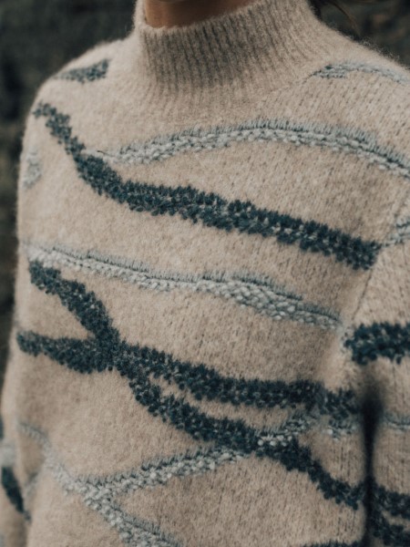 Wave Stitch Jumper Oatmeal/Blue Finisterre