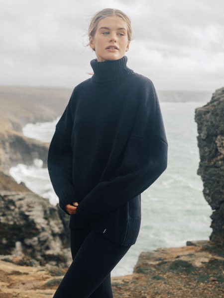 Navy Finisterre Eyre Roll Neck Knit Jumper